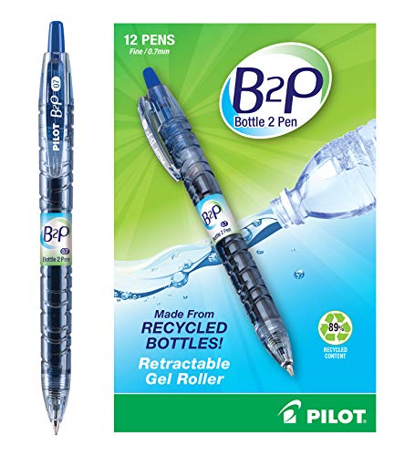 PILOT B2P - Bottle to Pen Refillable & Retractable Rolling Ball Gel Pen Made From Recycled Bottles, Fine Point, Blue G2 Ink, 12 Count (31601)