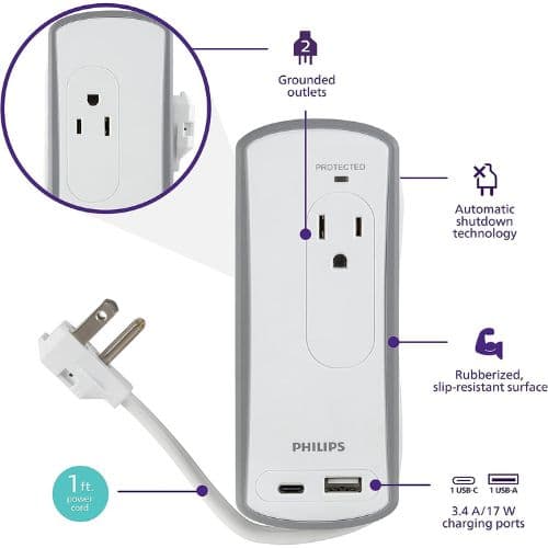 philips 2 outlet travel surge protector features like grounding and shutdown technology