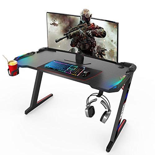 cnasa gaming desk with rgb lights game storage cup holder and headset hook yinzbuy