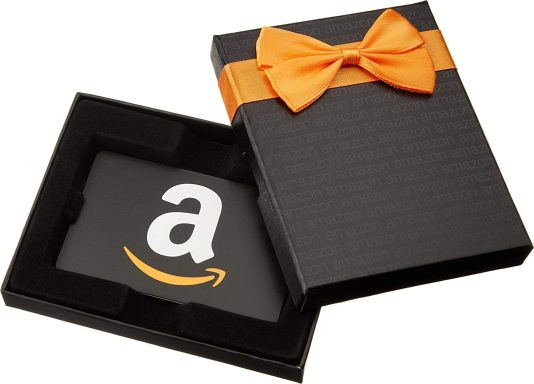 amazon physical gift card in gift box with bow