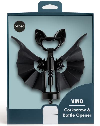 OTOTO Vino Spooky Bat Wine Opener - Halloween Decor - 2-in-1 Wine & Beer Opener, Corkscrew & Bottle Opener - Goth Accessories & Kitchen Gifts